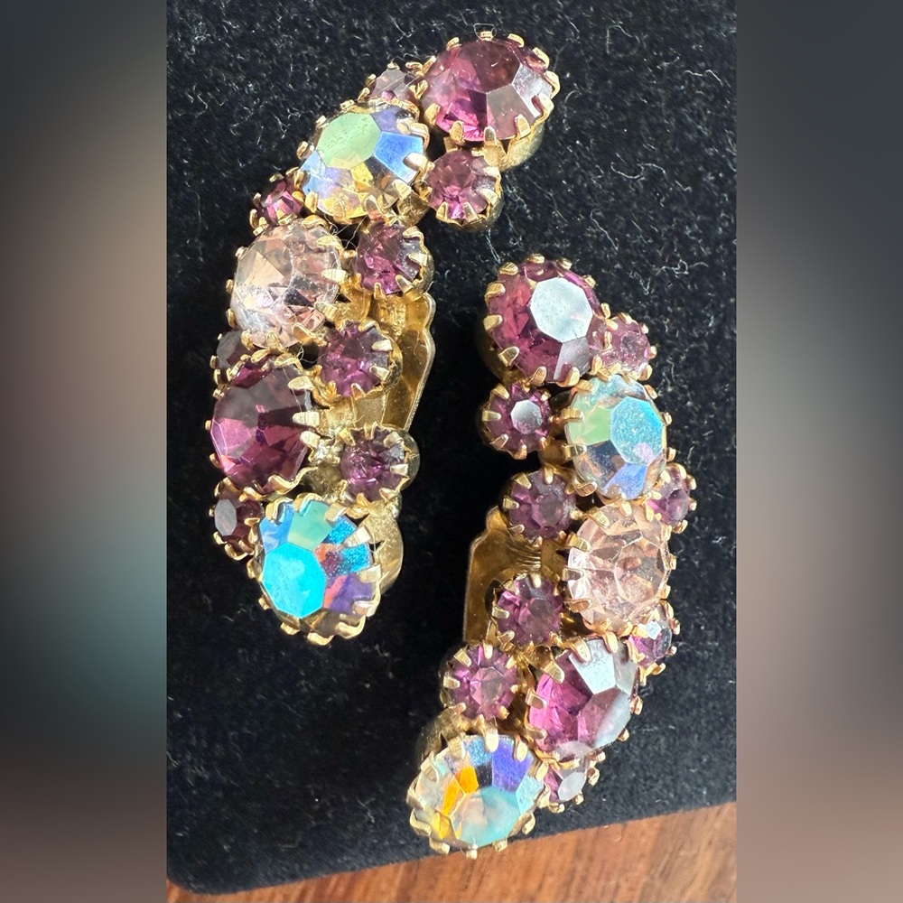 Vintage Karu Rhinestone Purple Ear Climbers Clip On Earrings AB
